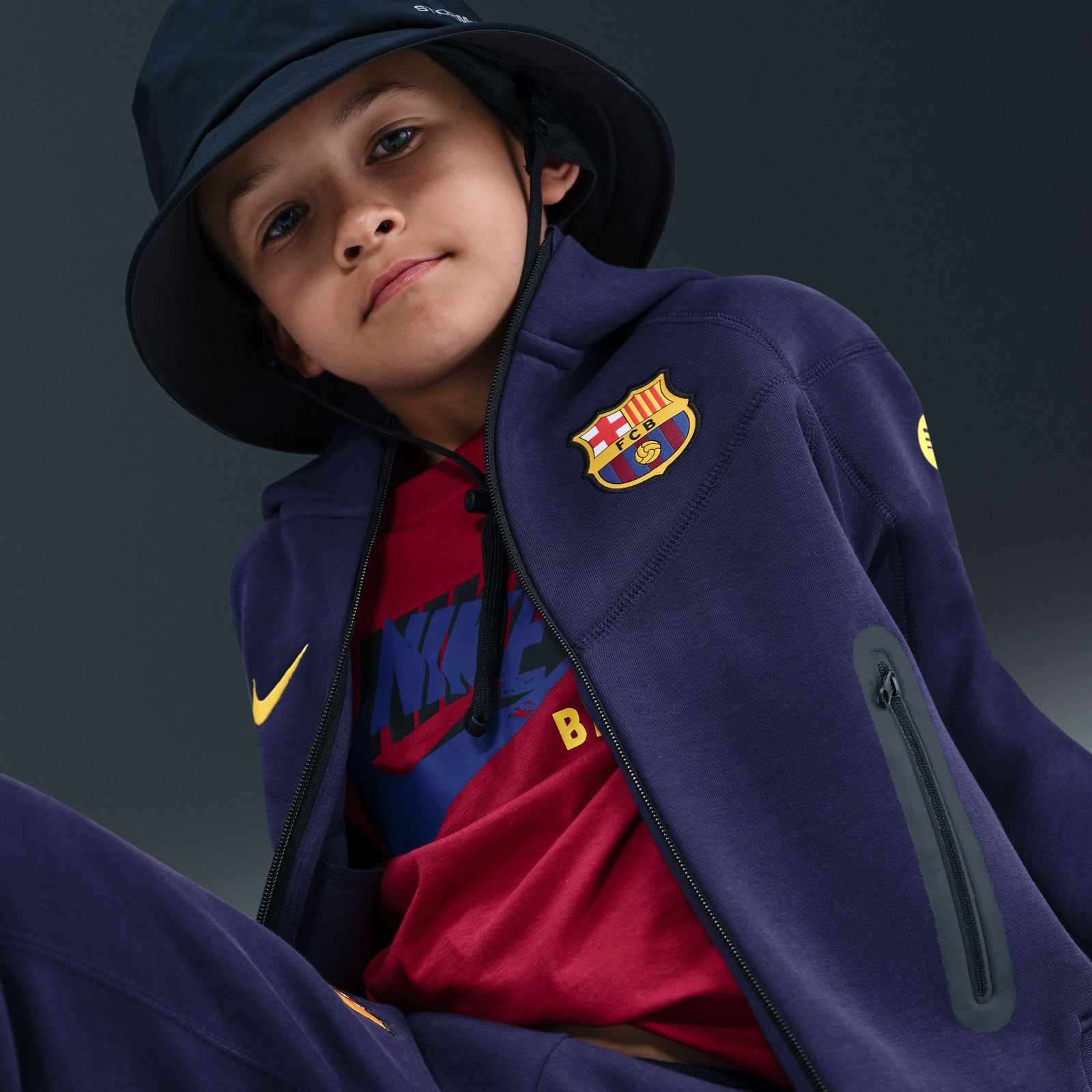 Nike FC Barcelona Tech Big Kids' (Boys') Soccer Fleece Full-Zip Hoodie - HQ8024-595-NIKE by Nike | Available at Niky's Sports