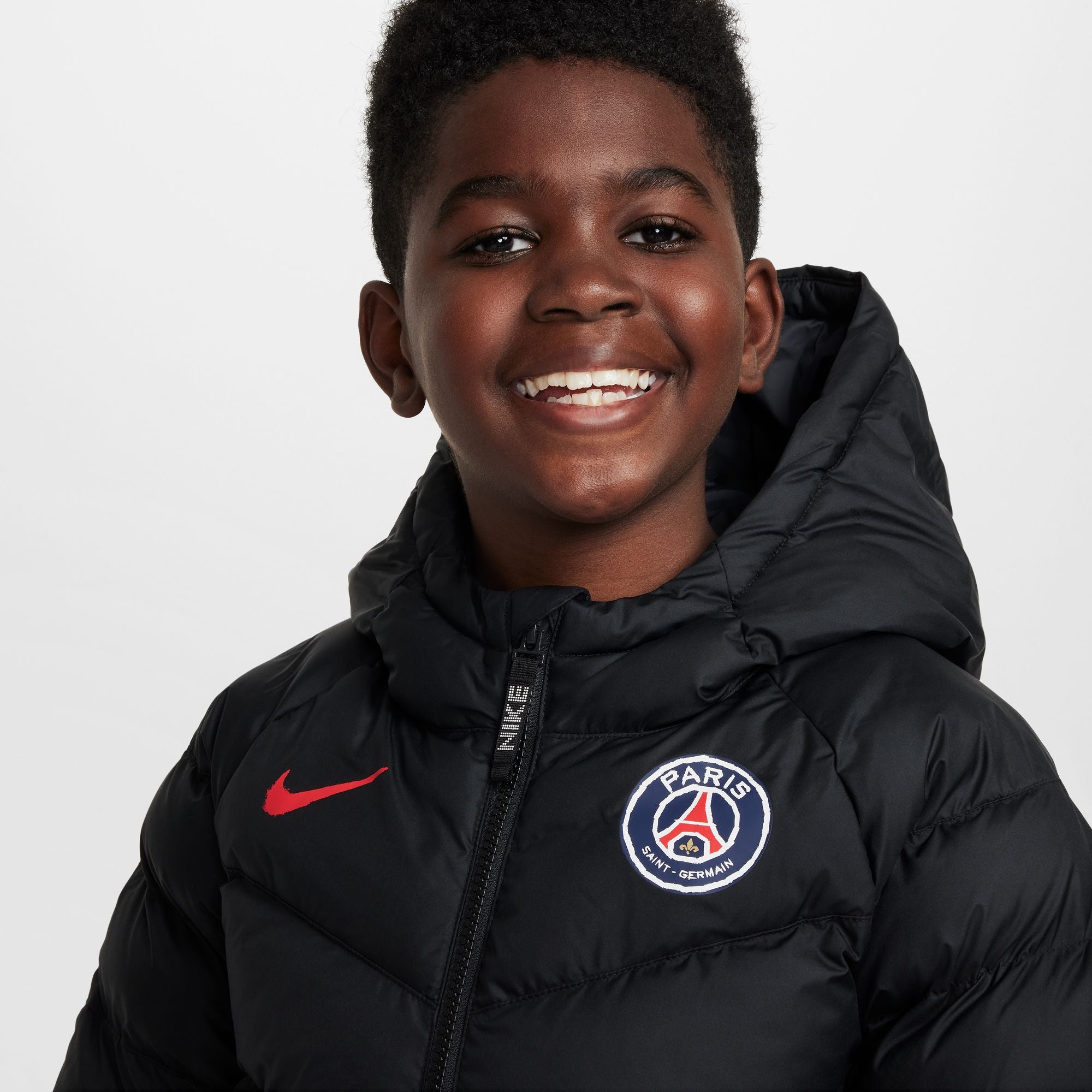 Nike Paris Saint-Germain Big Kids' Soccer Synthetic-Fill Hooded Jacket - FQ3425-010-NIKE by Nike | Available at Niky's Sports