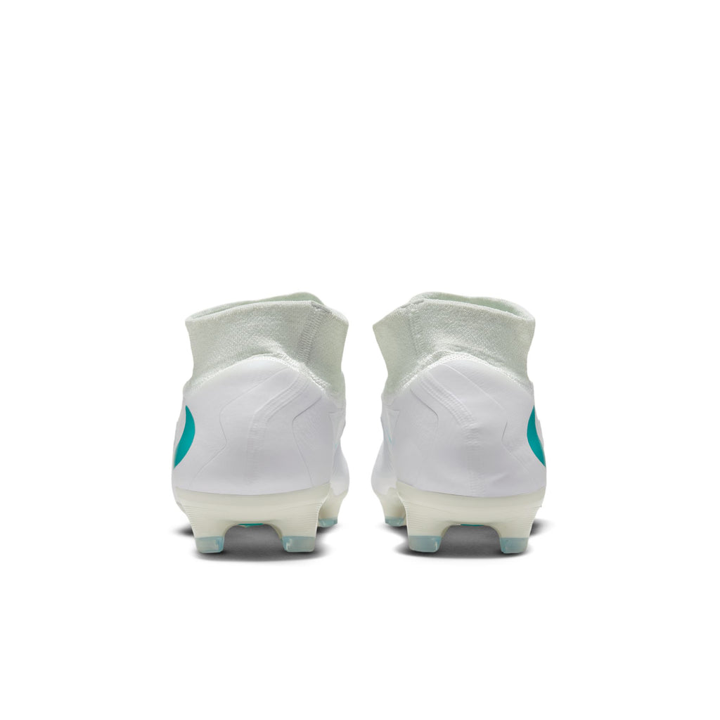 Nike Phantom 6 High Pro FG soccer cleats in White/Dusty Cactus, heel view — HQ2311-100