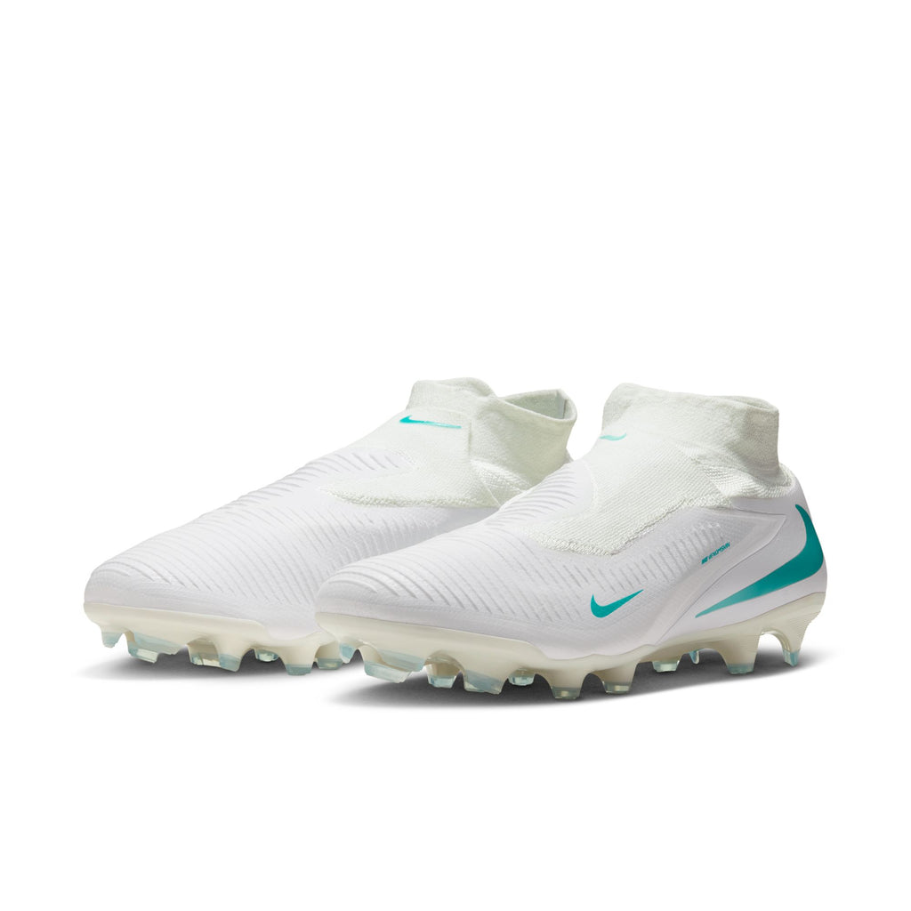 Nike Phantom 6 High Pro FG soccer cleats in White/Dusty Cactus, pair view — HQ2311-100