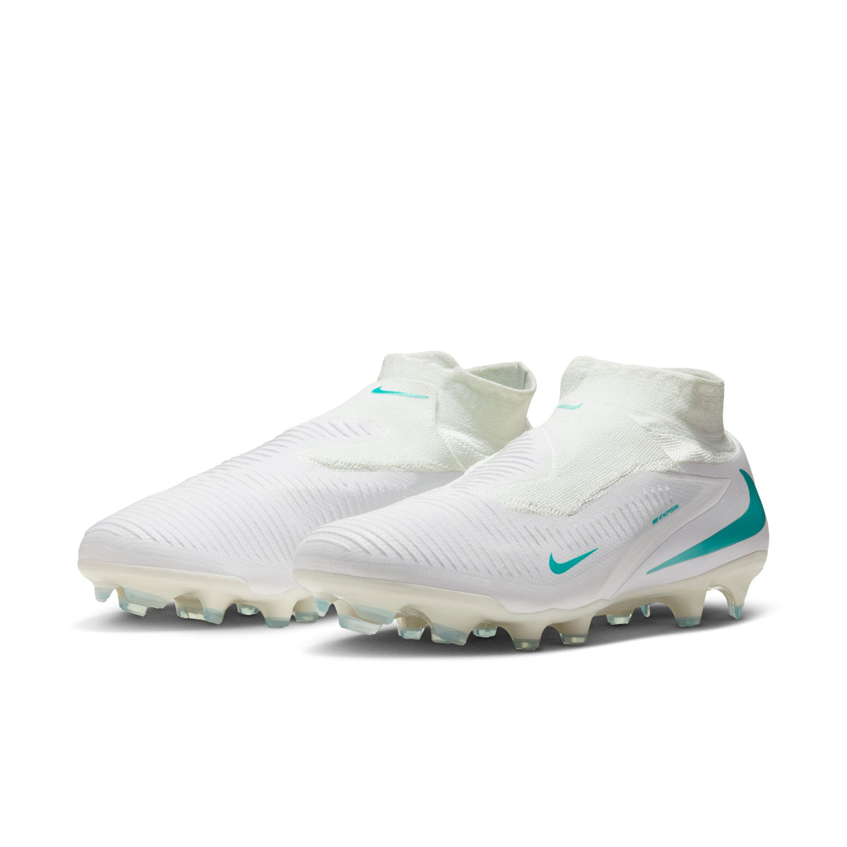 Nike Phantom 6 High Pro FG soccer cleats in White/Dusty Cactus, pair view — HQ2311-100