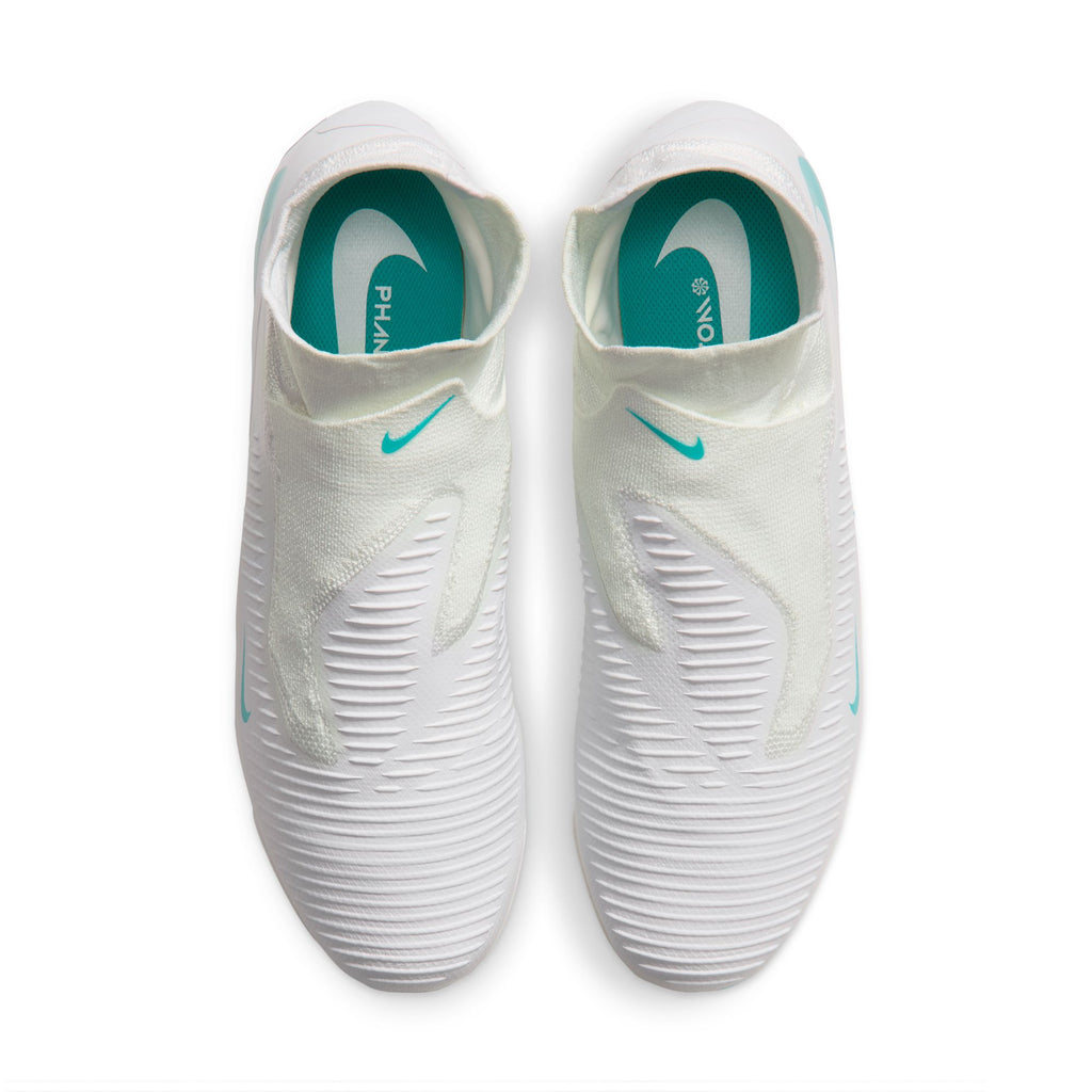 Nike Phantom 6 High Pro FG soccer cleats in White/Dusty Cactus, top view of pair — HQ2311-100