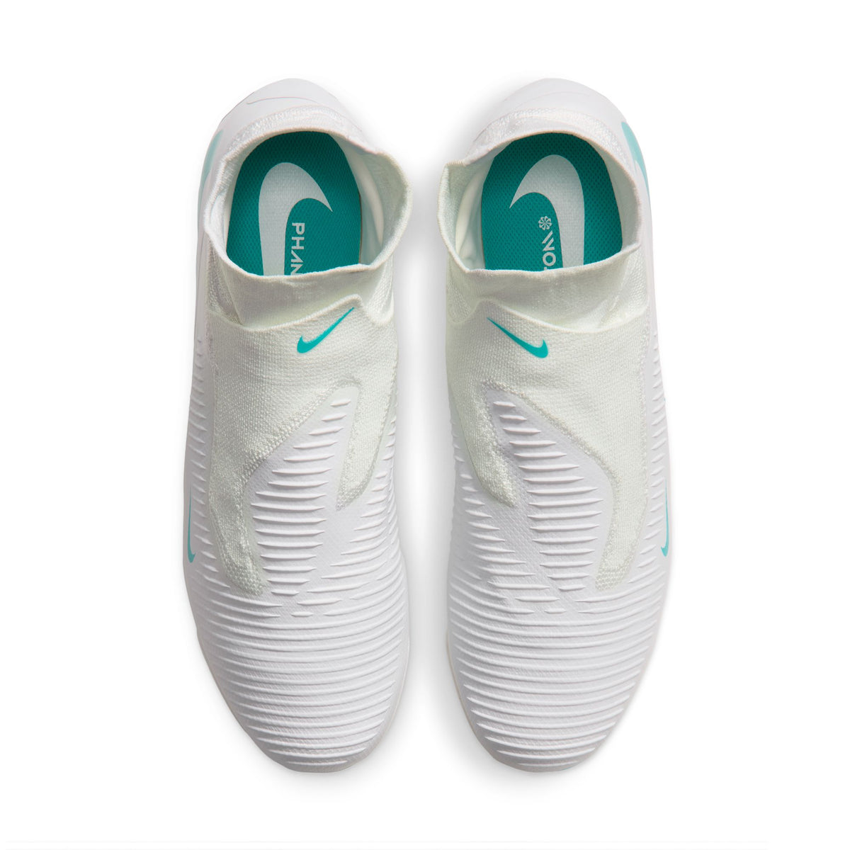 Nike Phantom 6 High Pro FG soccer cleats in White/Dusty Cactus, top view of pair — HQ2311-100