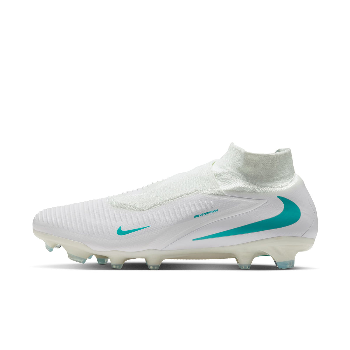 Nike Phantom 6 High Pro FG soccer cleats in White/Dusty Cactus, side view — HQ2311-100