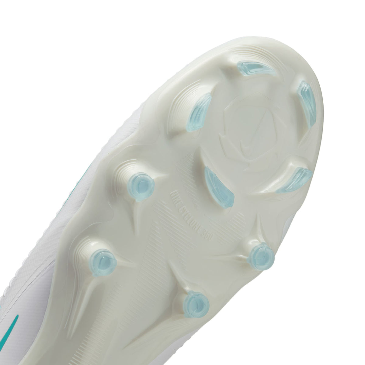 Nike Phantom 6 High Pro FG soccer cleats in White/Dusty Cactus, Cyclone 360 stud detail — HQ2311-100