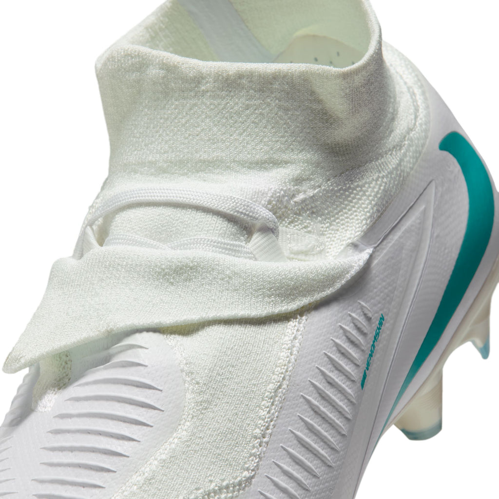 Nike Phantom 6 High Pro FG soccer cleats in White/Dusty Cactus, VNMSkin upper and Ghost Lacing detail — HQ2311-100