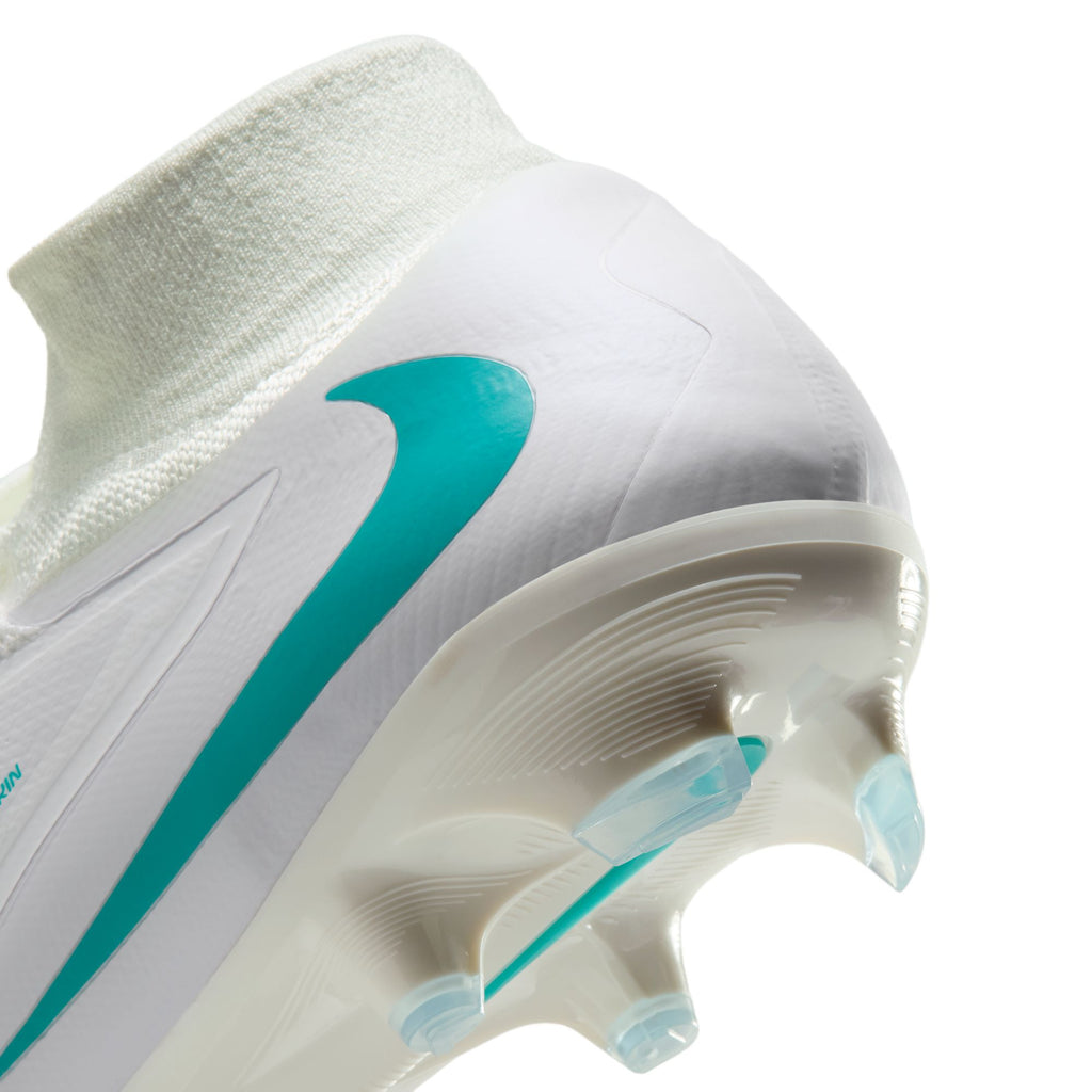 Nike Phantom 6 High Pro FG soccer cleats in White/Dusty Cactus, Dynamic Fit collar and heel detail — HQ2311-100
