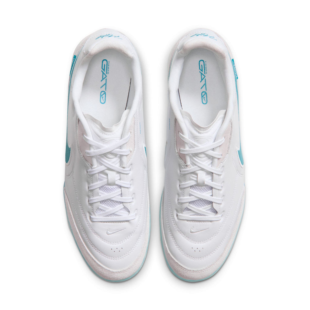 Nike Tiempo Streetgato Indoor Soccer Shoes – White / Dusty Cactus, top view of pair — HQ7017-100