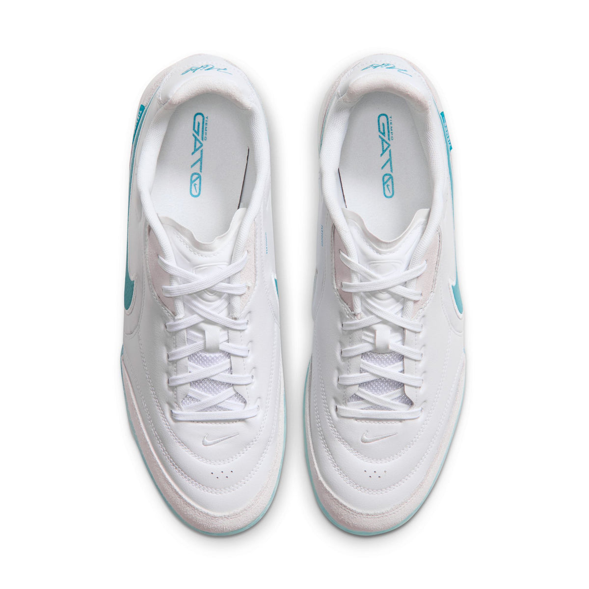 Nike Tiempo Streetgato Indoor Soccer Shoes – White / Dusty Cactus, top view of pair — HQ7017-100