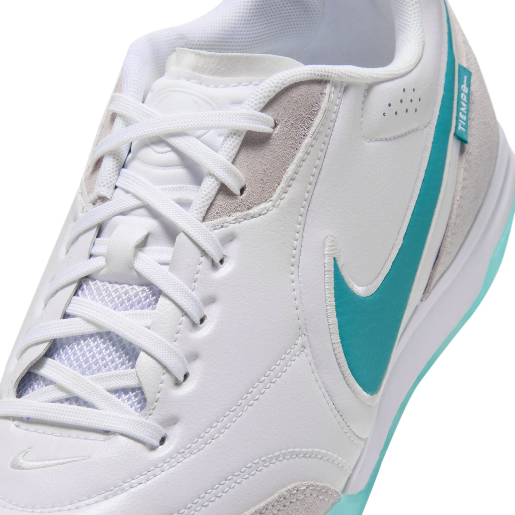 Nike Tiempo Streetgato Indoor Soccer Shoes – White / Dusty Cactus, FlyTouch upper and lacing detail — HQ7017-100