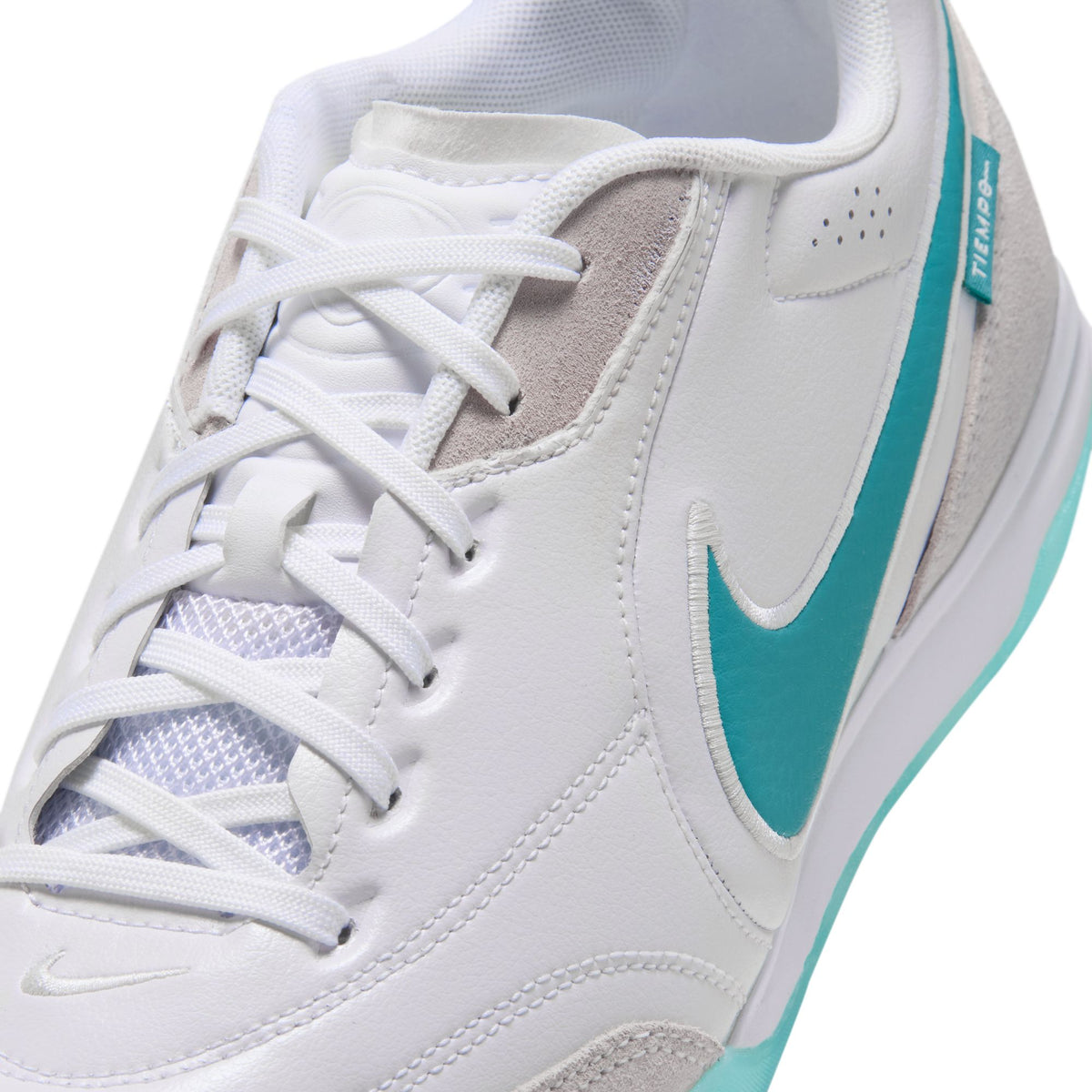 Nike Tiempo Streetgato Indoor Soccer Shoes – White / Dusty Cactus, FlyTouch upper and lacing detail — HQ7017-100