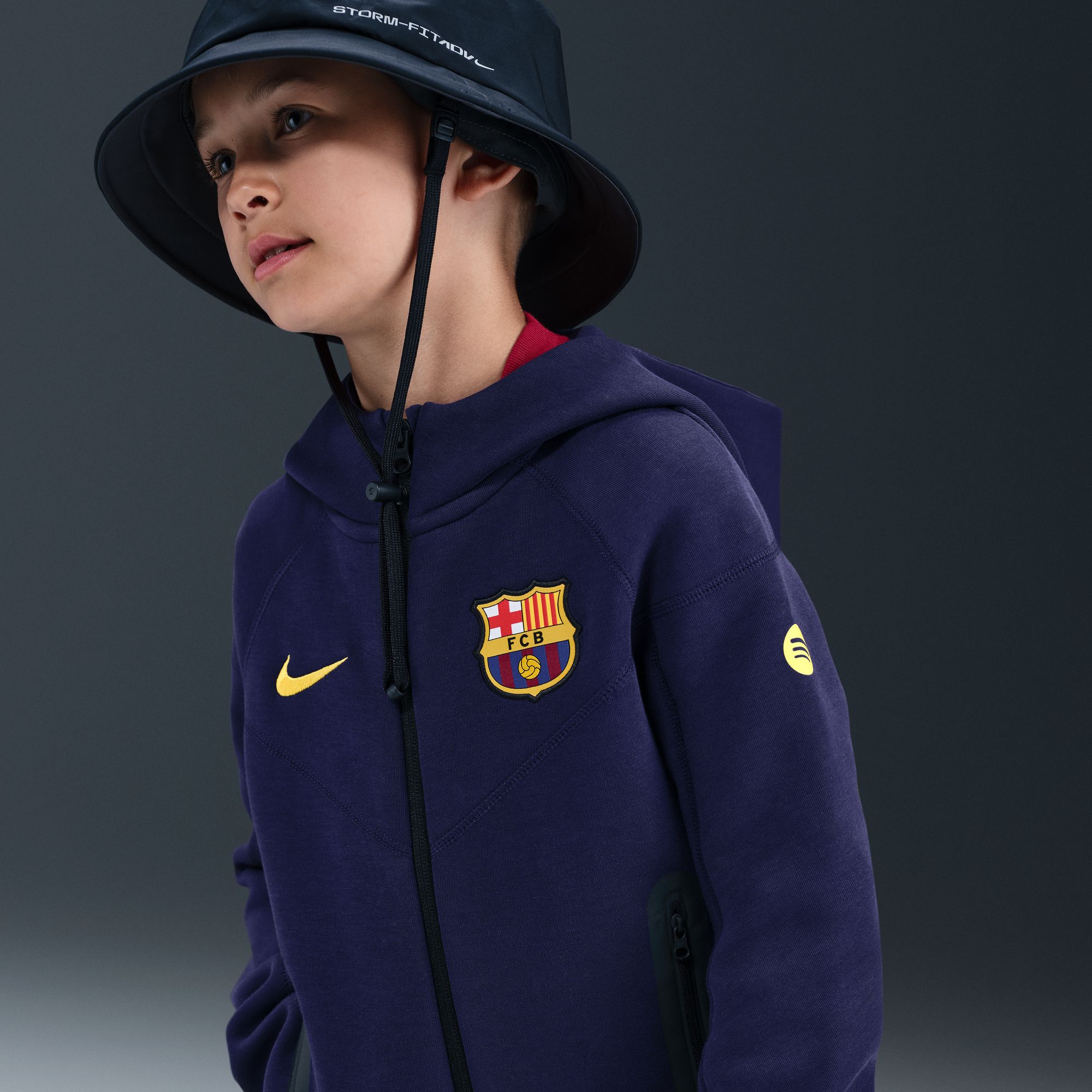 Nike FC Barcelona Tech Big Kids' (Boys') Soccer Fleece Full-Zip Hoodie - HQ8024-595-NIKE by Nike | Available at Niky's Sports