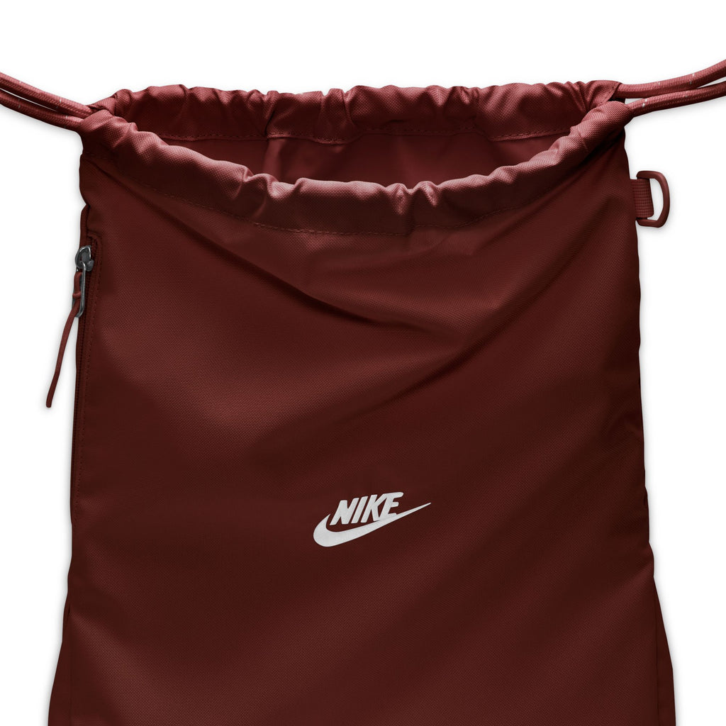 Nike Heritage 2.0 Drawstring Bag (12L), Mystic Dates/White, drawstring closure and logo detail — IB4356-658