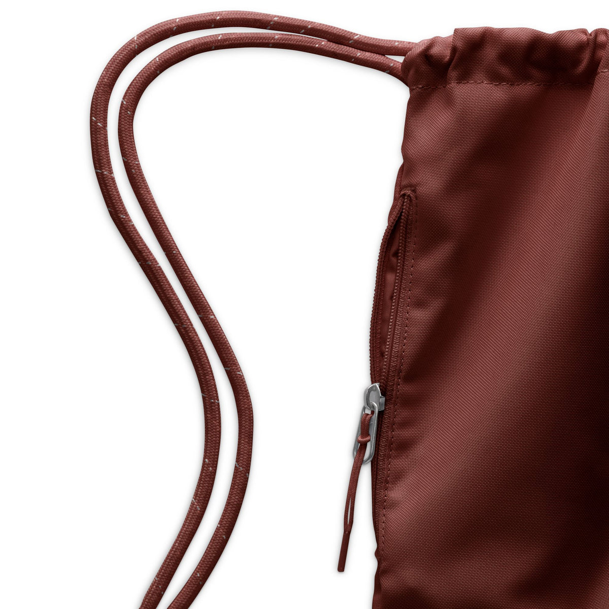 Nike Heritage 2.0 Drawstring Bag (12L), Mystic Dates/White, zip pocket detail — IB4356-658