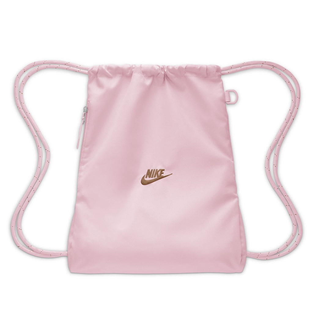 Nike Heritage 2.0 Drawstring Bag (12L), Pink Foam/Ale Brown, front view — IB4356-663