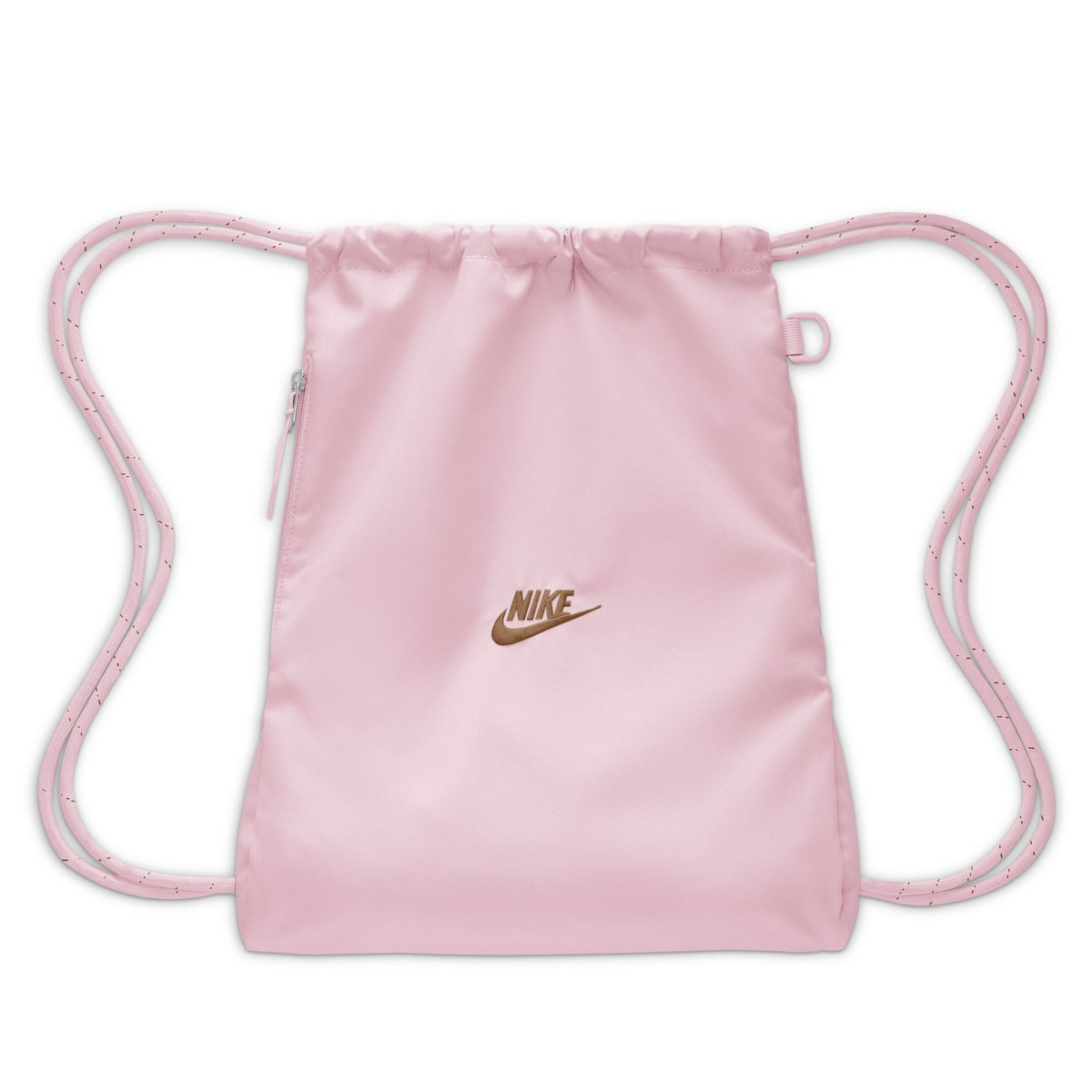 Nike Heritage 2.0 Drawstring Bag (12L), Pink Foam/Ale Brown, front view — IB4356-663