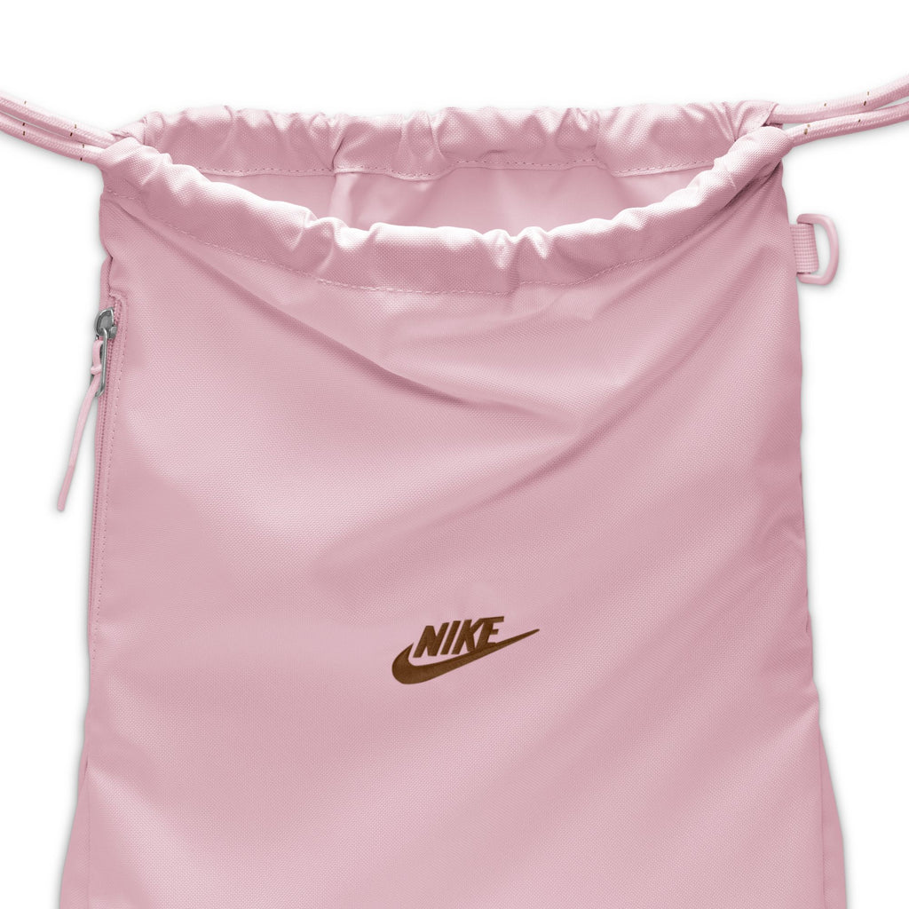 Nike Heritage 2.0 Drawstring Bag (12L), Pink Foam/Ale Brown, drawstring closure and logo detail — IB4356-663