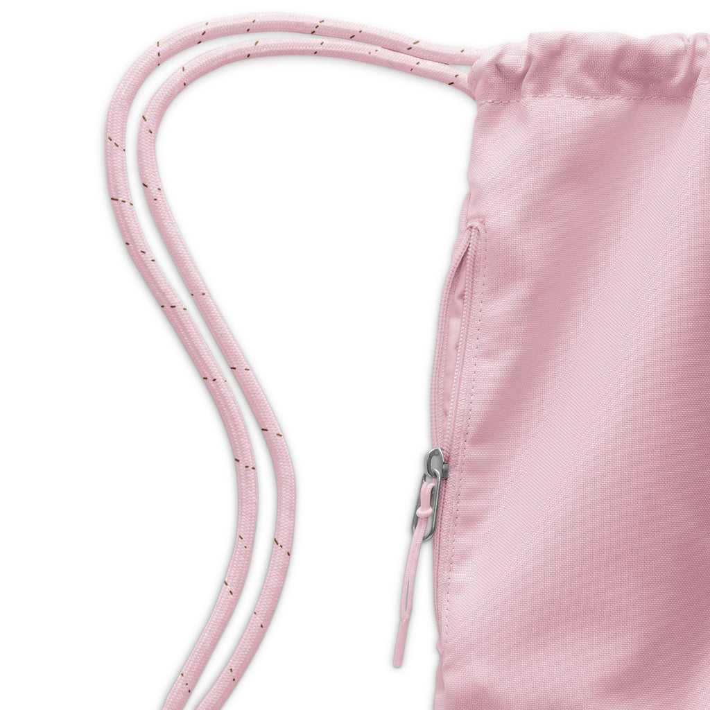 Nike Heritage 2.0 Drawstring Bag (12L), Pink Foam/Ale Brown, zip pocket detail — IB4356-663