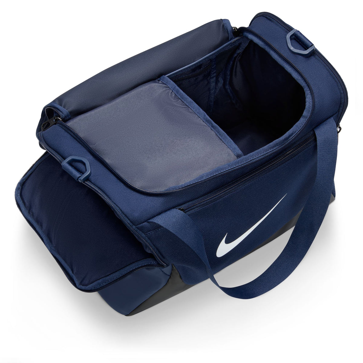 Nike Brasilia extra small 24L duffel bag in Midnight Navy, open main compartment