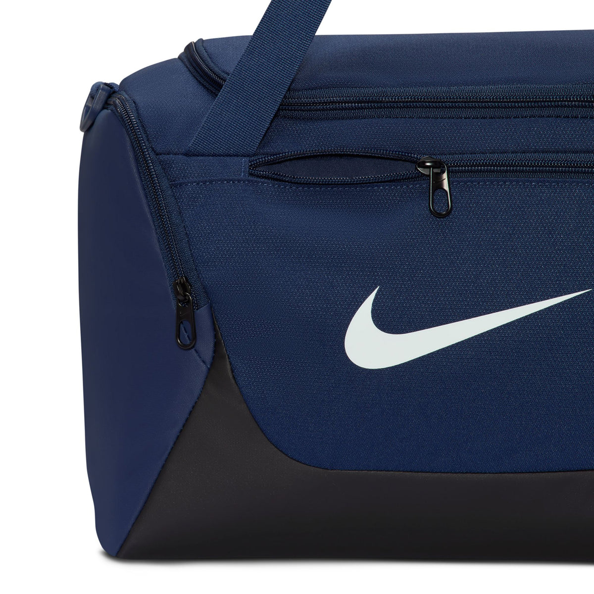 Nike Brasilia extra small 24L duffel bag in Midnight Navy, front zip pocket detail