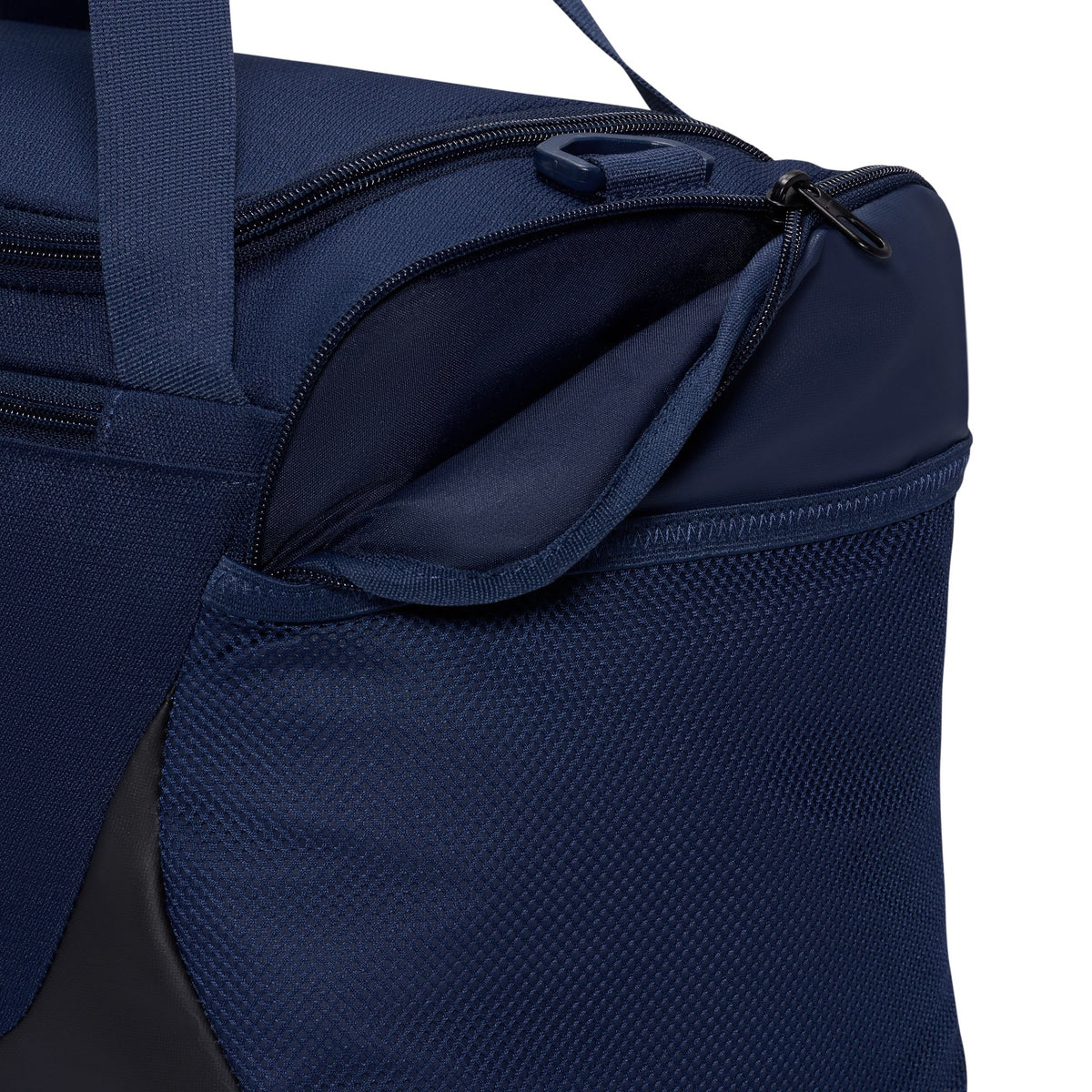 Nike Brasilia extra small 24L duffel bag in Midnight Navy, side pocket detail