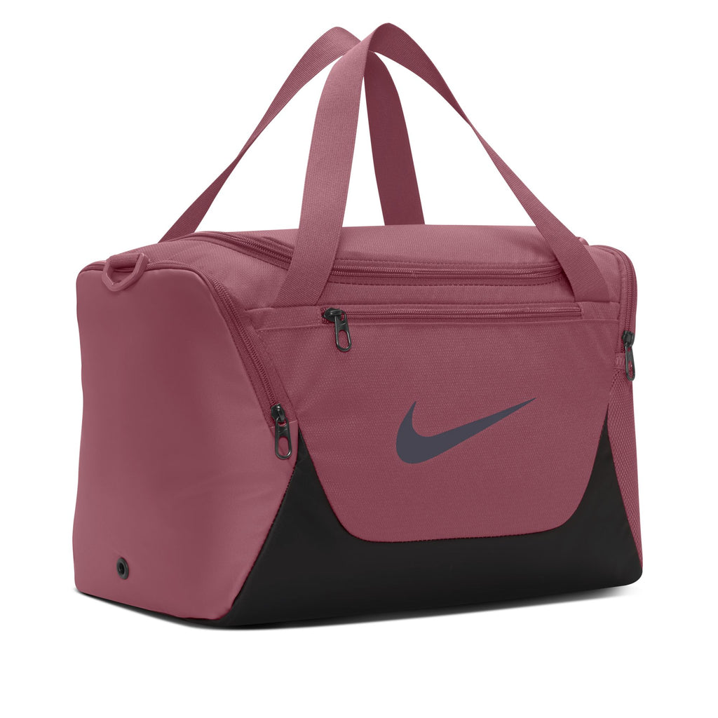 Nike Brasilia extra small 24L duffel bag in Pink Smoke, angled front view
