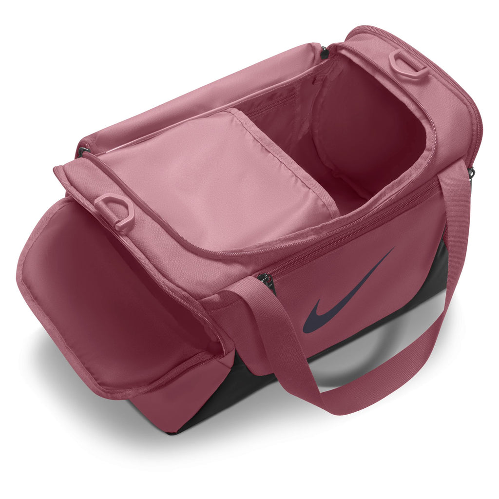 Nike Brasilia extra small 24L duffel bag in Pink Smoke, open main compartment