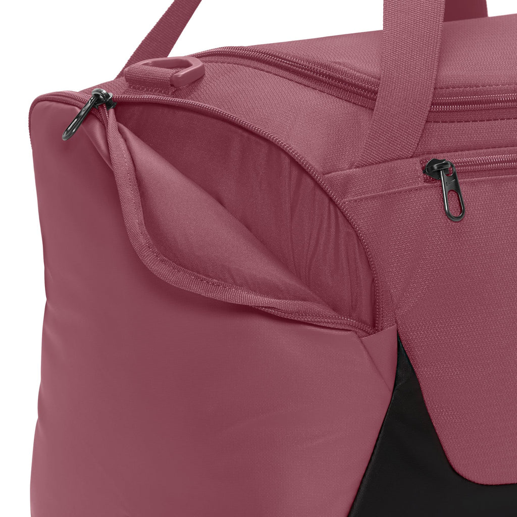 Nike Brasilia extra small 24L duffel bag in Pink Smoke, side pocket detail