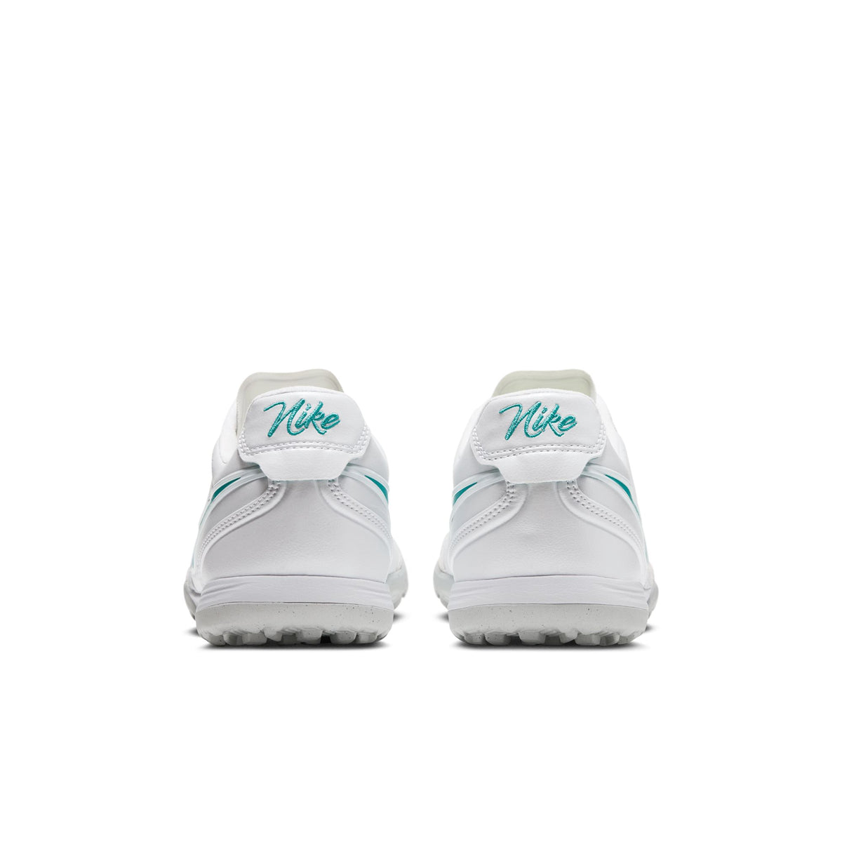 Nike Tiempo Ligera Pro turf soccer shoes in White/Dusty Cactus, heel view — IB4477-102
