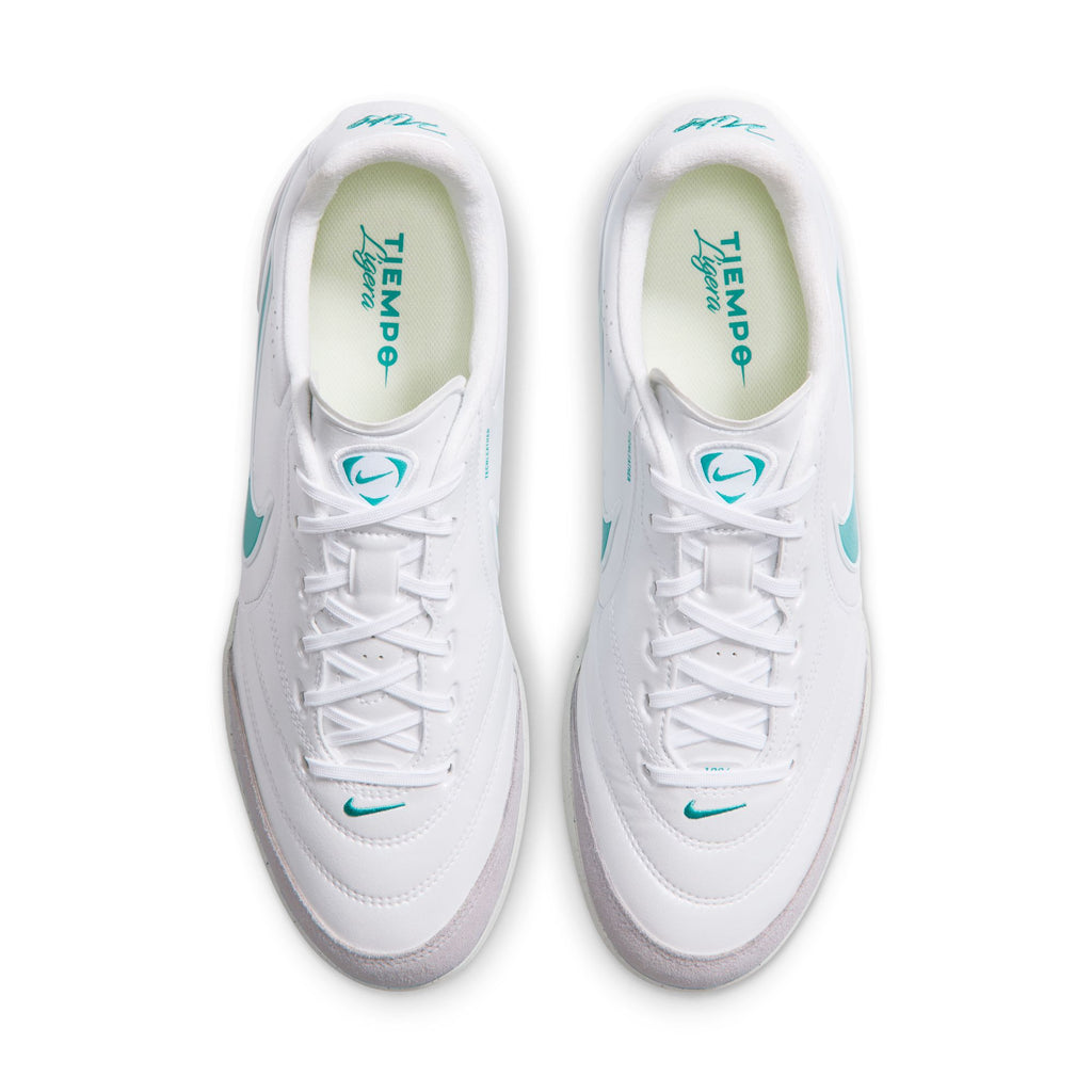 Nike Tiempo Ligera Pro turf soccer shoes in White/Dusty Cactus, top view of pair — IB4477-102