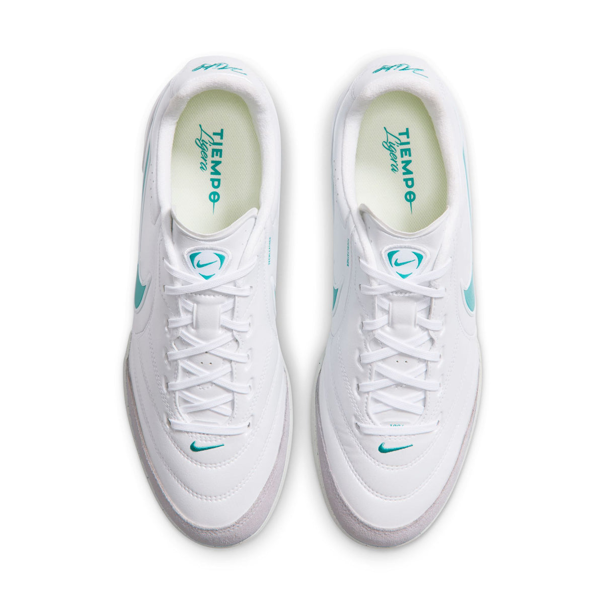 Nike Tiempo Ligera Pro turf soccer shoes in White/Dusty Cactus, top view of pair — IB4477-102