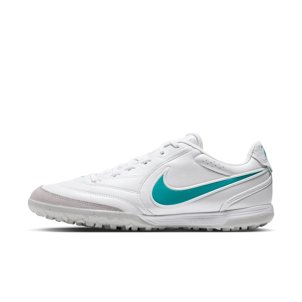 Nike Tiempo Ligera Pro turf soccer shoes in White/Dusty Cactus, side view — IB4477-102
