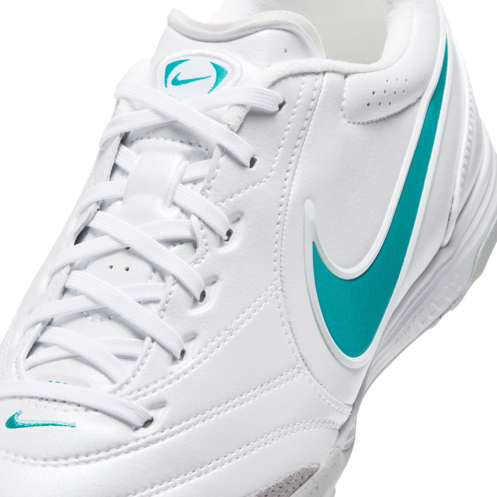Nike Tiempo Ligera Pro turf soccer shoes in White/Dusty Cactus, TECHLEATHER and lacing detail — IB4477-102