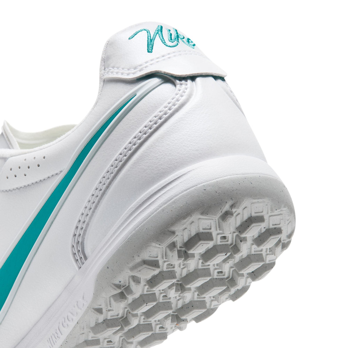 Nike Tiempo Ligera Pro turf soccer shoes in White/Dusty Cactus, heel and outsole detail — IB4477-102