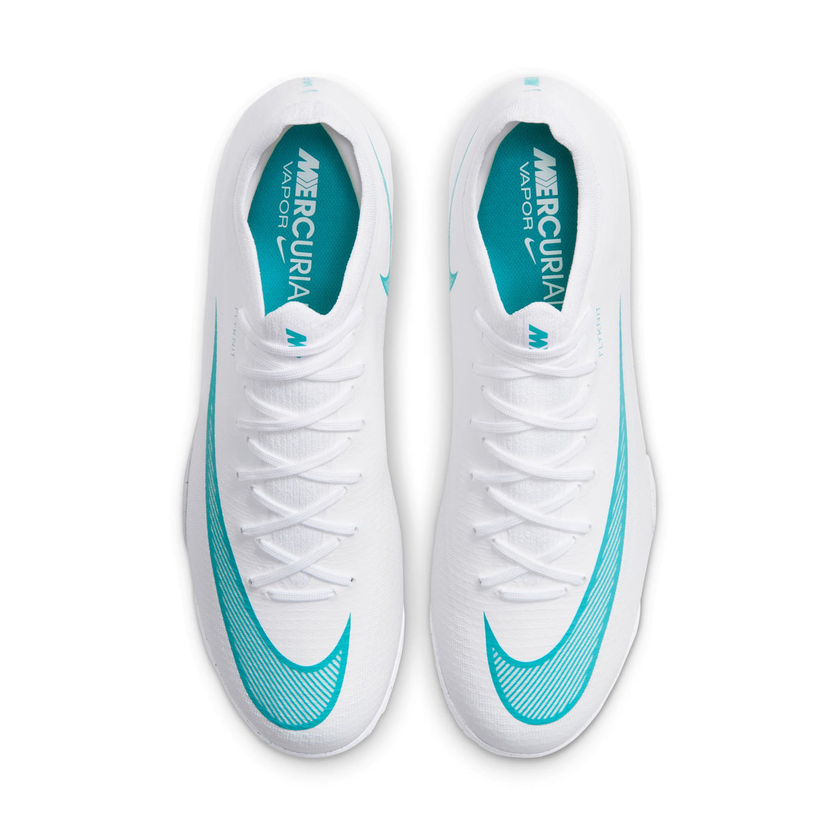 Nike Mercurial Vapor 17 Pro turf soccer shoes in White/Dusty Cactus, top view of pair — IM5811-102