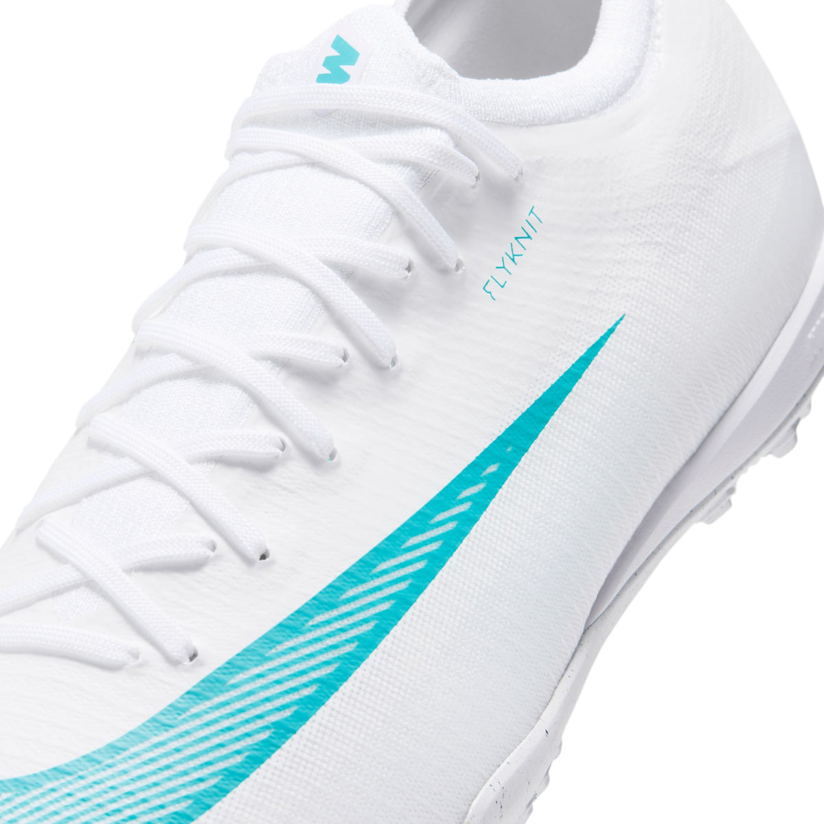 Nike Mercurial Vapor 17 Pro turf soccer shoes in White/Dusty Cactus, Flyknit upper and lacing detail — IM5811-102