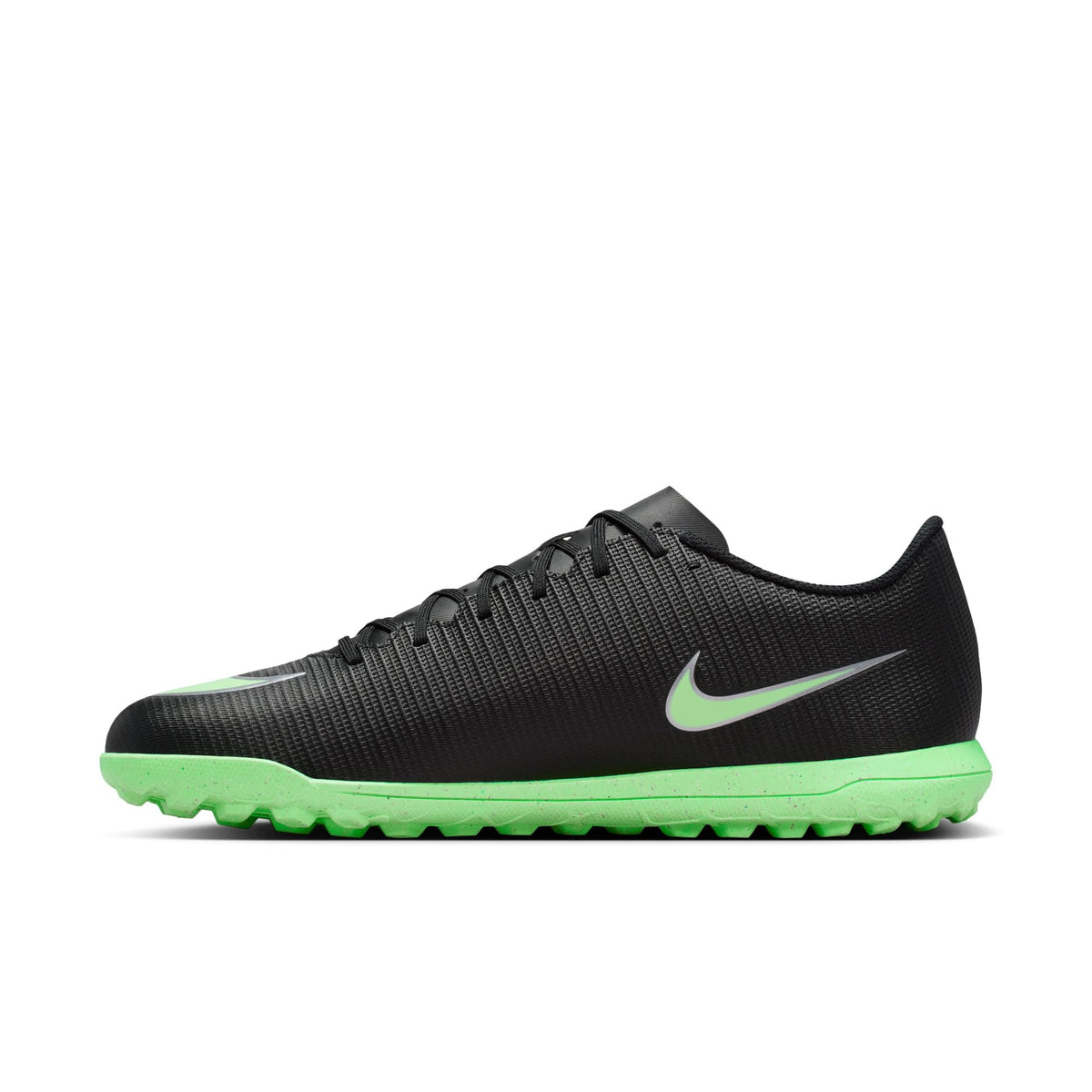 Nike Mercurial Vapor 17 Club Turf Soccer Shoes – Black / Illusion Green – angled side view