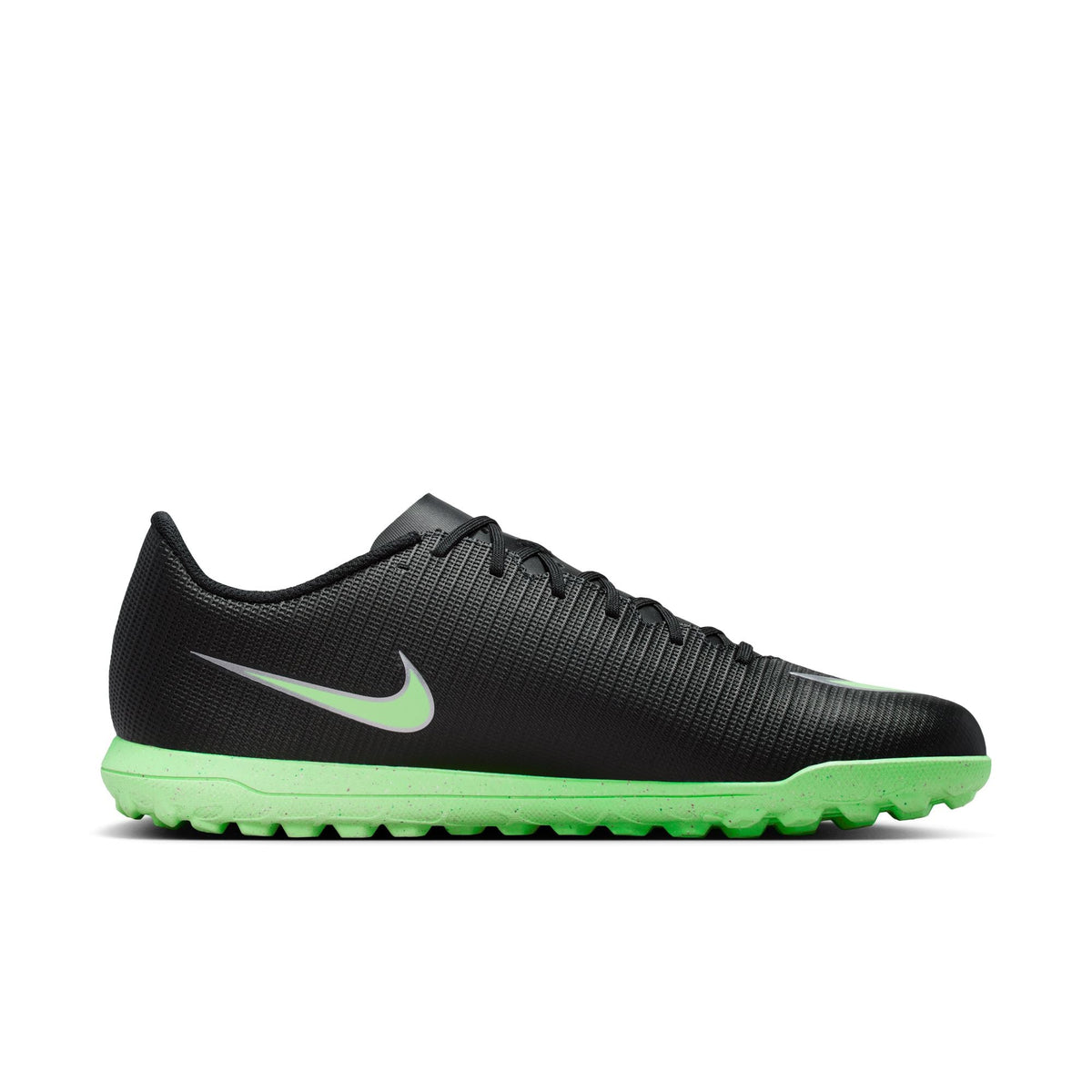 Nike Mercurial Vapor 17 Club Turf Soccer Shoes – Black / Illusion Green – angled medial view