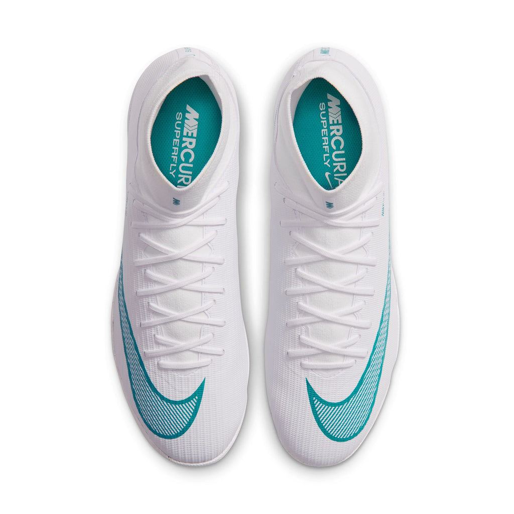 Nike Mercurial Superfly 11 Academy Turf Soccer Shoes – White / Dusty Cactus, top view of pair — IO1494-102