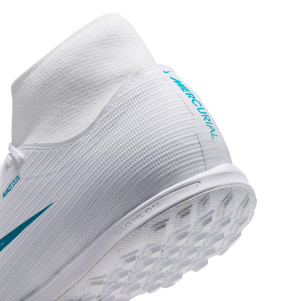 Nike Mercurial Superfly 11 Academy Turf Soccer Shoes – White / Dusty Cactus, heel and collar detail — IO1494-102
