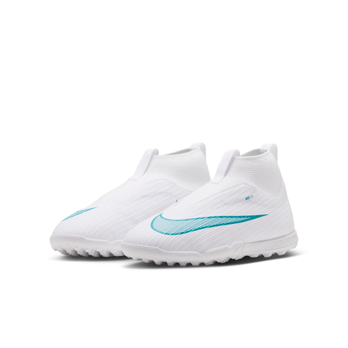 Nike Jr. Mercurial Superfly 11 Academy Turf in White/Dusty Cactus – angled pair view