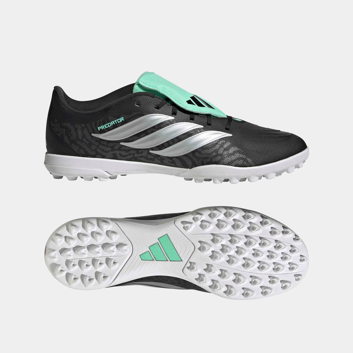 adidas Predator Club Fold-Over Tongue Turf Soccer Shoes - Core Black/Silver Metallic/Pulse Mint