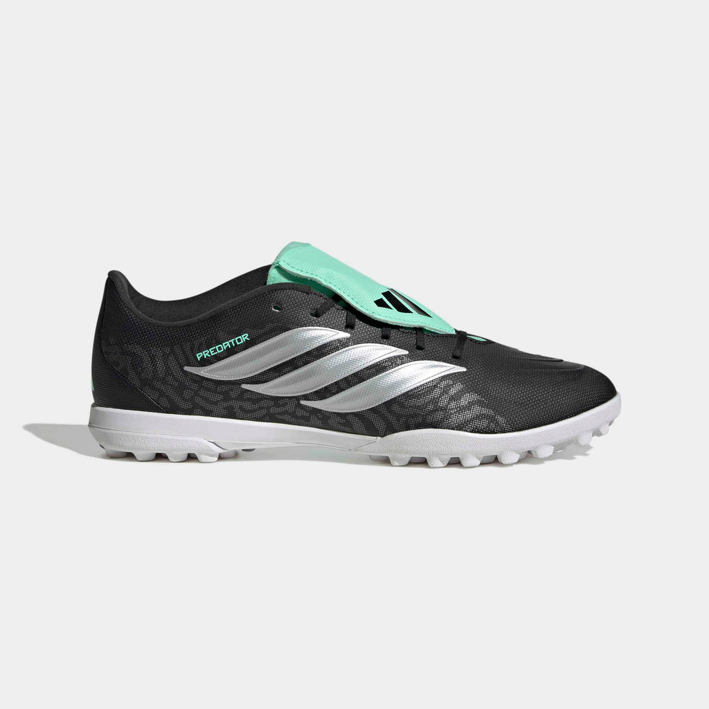 adidas Predator Club Fold-Over Tongue Turf Soccer Shoes - Core Black/Silver Metallic/Pulse Mint, side view