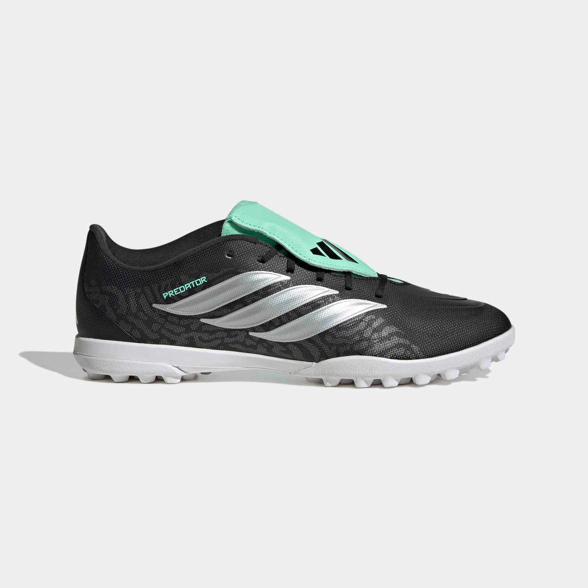 adidas Predator Club Fold-Over Tongue Turf Soccer Shoes - Core Black/Silver Metallic/Pulse Mint, side view