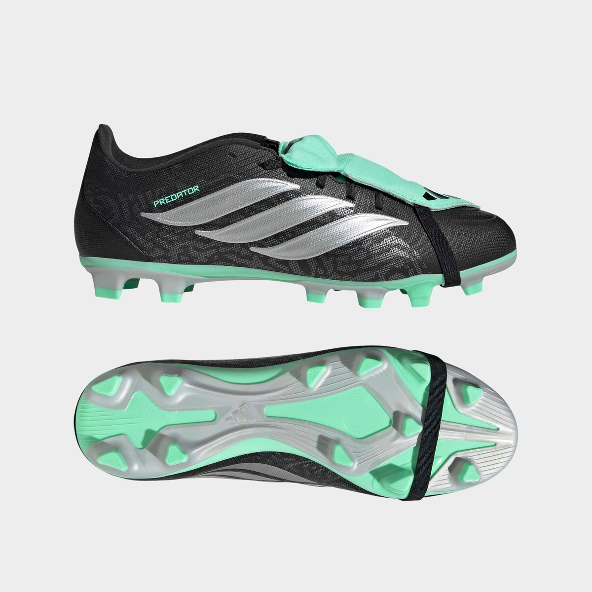adidas Predator Club Fold-Over Tongue FG/MG Soccer Cleats - Core Black/Silver Metallic/Pulse Mint