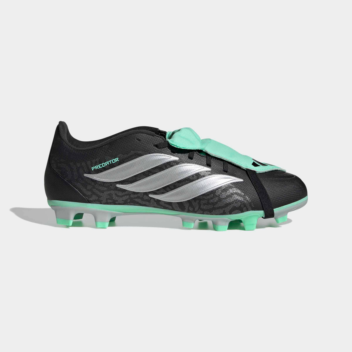 adidas Predator Club Fold-Over Tongue FG/MG Soccer Cleats - Core Black/Silver Metallic/Pulse Mint, side view
