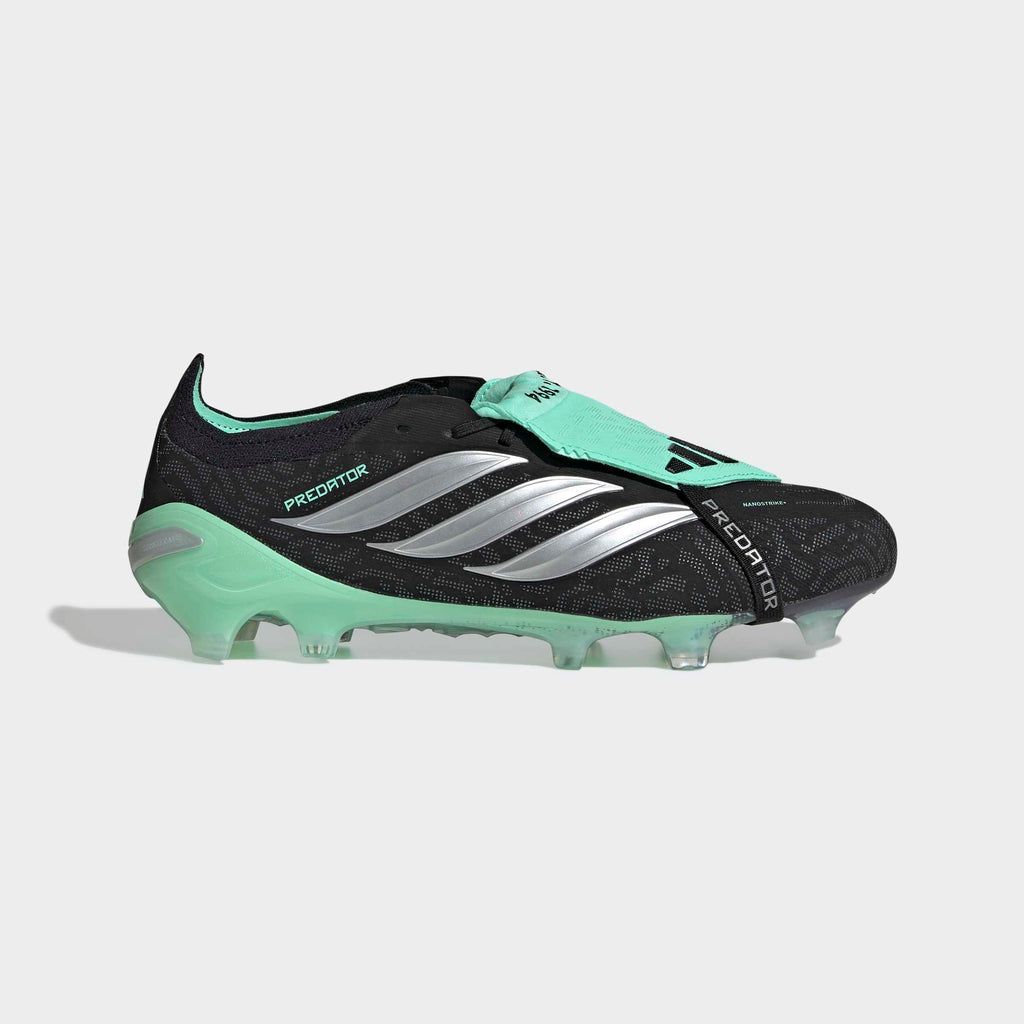 adidas Predator 26 Elite Fold-Over Tongue FG soccer cleats in Core Black / Silver Metallic / Pulse Mint, side view, outer (lateral) side