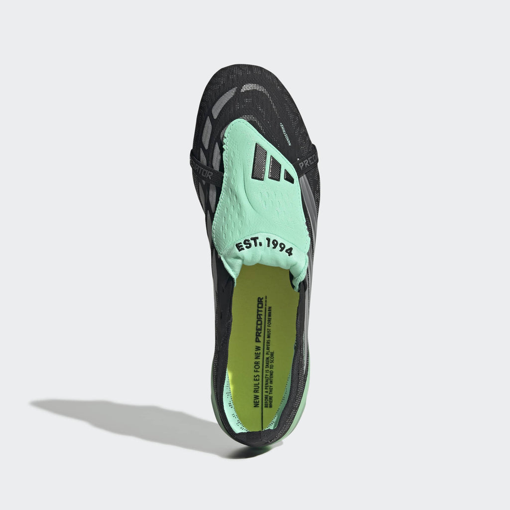 adidas Predator 26 Elite Fold-Over Tongue FG soccer cleats in Core Black / Silver Metallic / Pulse Mint, top view