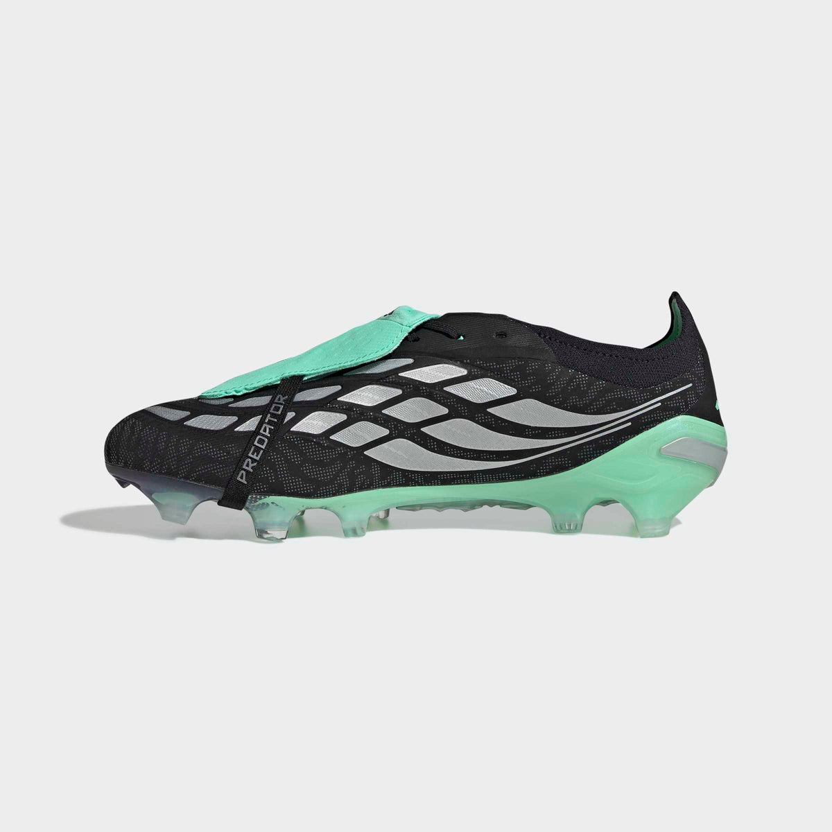 adidas Predator 26 Elite Fold-Over Tongue FG soccer cleats in Core Black / Silver Metallic / Pulse Mint, side view, inner (medial) side