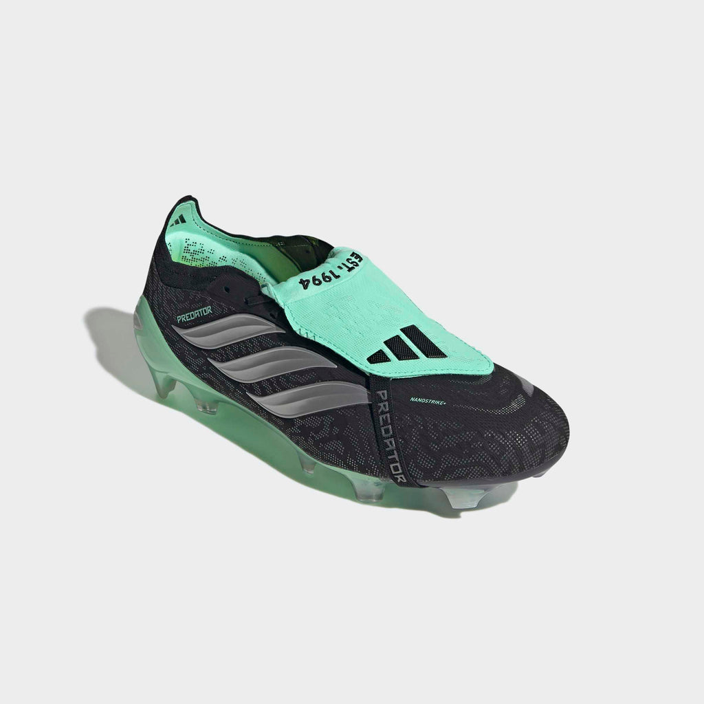 adidas Predator 26 Elite Fold-Over Tongue FG soccer cleats in Core Black / Silver Metallic / Pulse Mint, front three-quarter view